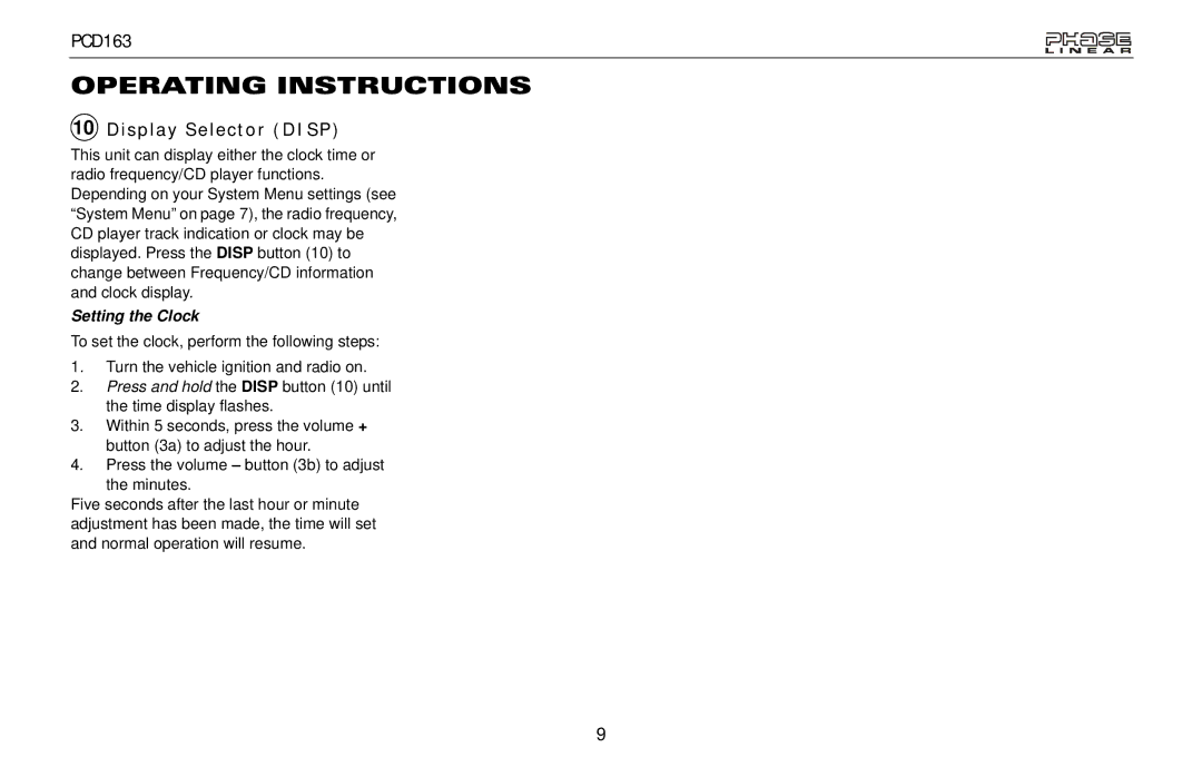 Audiovox PCD163 owner manual Display Selector Disp, Setting the Clock 