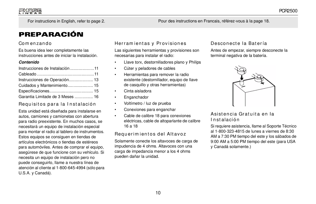 Audiovox PCR2500 owner manual Preparación 