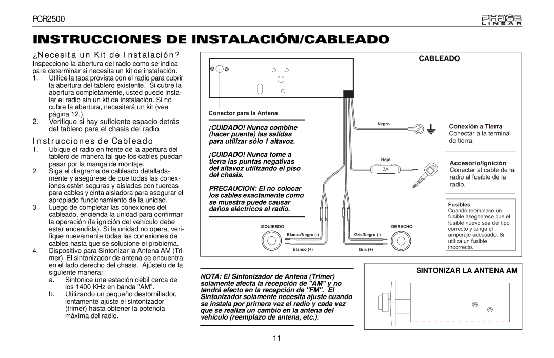 Audiovox PCR2500 Instrucciones DE INSTALACIÓN/CABLEADO, ¿Necesita un Kit de Instalación?, Instrucciones de Cableado 