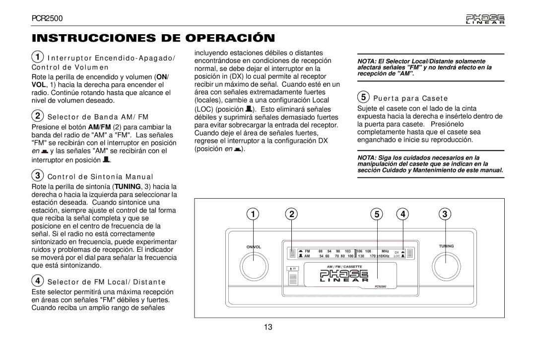 Audiovox PCR2500 owner manual Instrucciones DE Operación, Selector de Banda AM/FM 