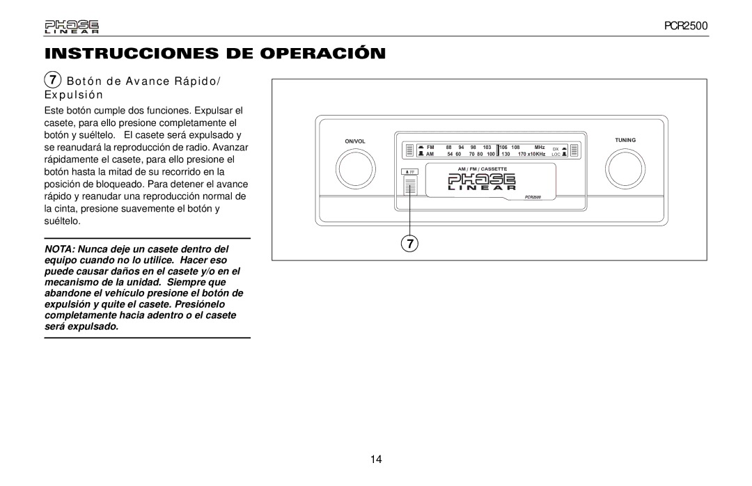 Audiovox PCR2500 owner manual Botón de Avance Rápido/ Expulsión 