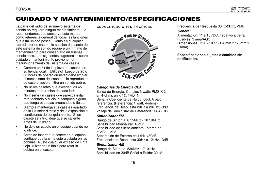 Audiovox PCR2500 Cuidado Y MANTENIMIENTO/ESPECIFICACIONES, Especificaciones Técnicas, Categorías de Energía CEA 