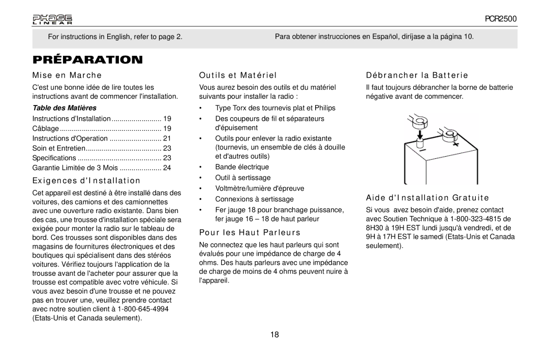 Audiovox PCR2500 owner manual Préparation 