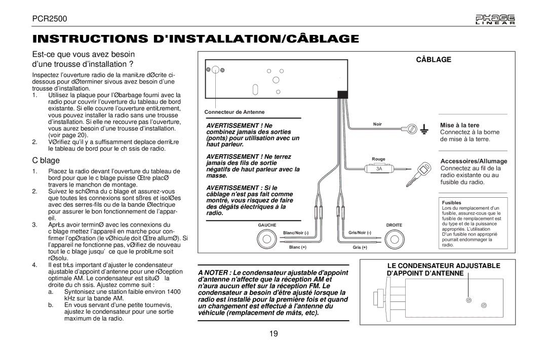 Audiovox PCR2500 Instructions DINSTALLATION/CÂBLAGE, Est-ce que vous avez besoin dune trousse dinstallation ?, Câblage 