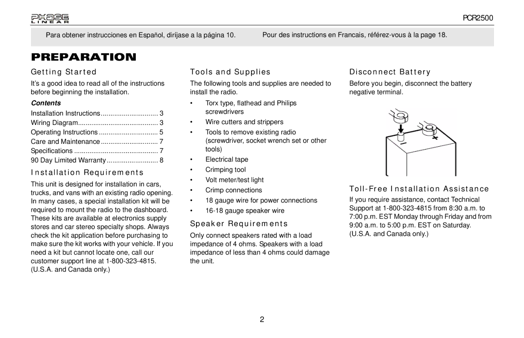 Audiovox PCR2500 owner manual Preparation 