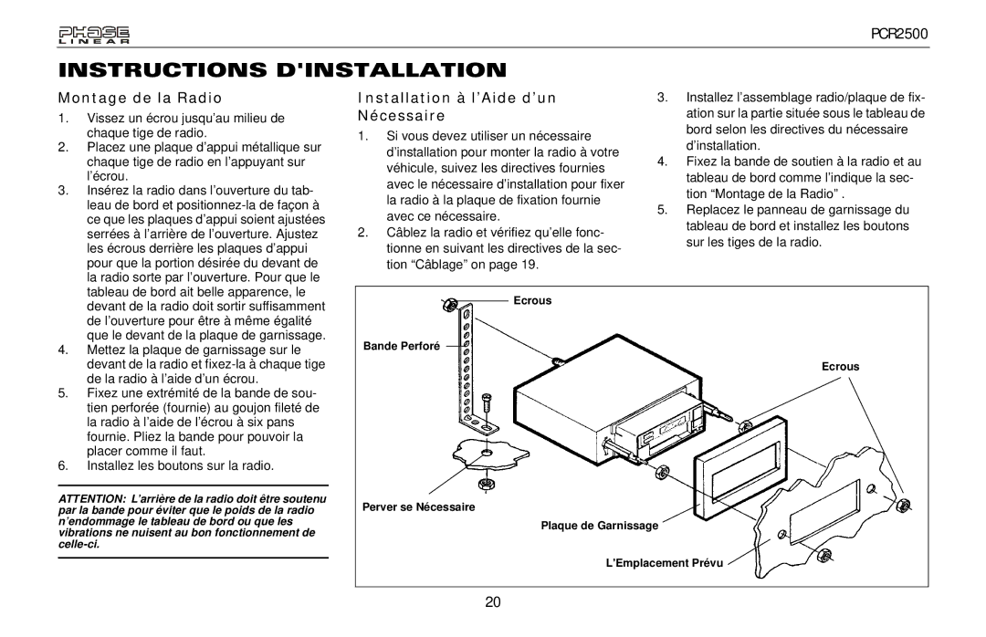 Audiovox PCR2500 owner manual Instructions Dinstallation, Montage de la Radio, Installation à l’Aide d’un Nécessaire 