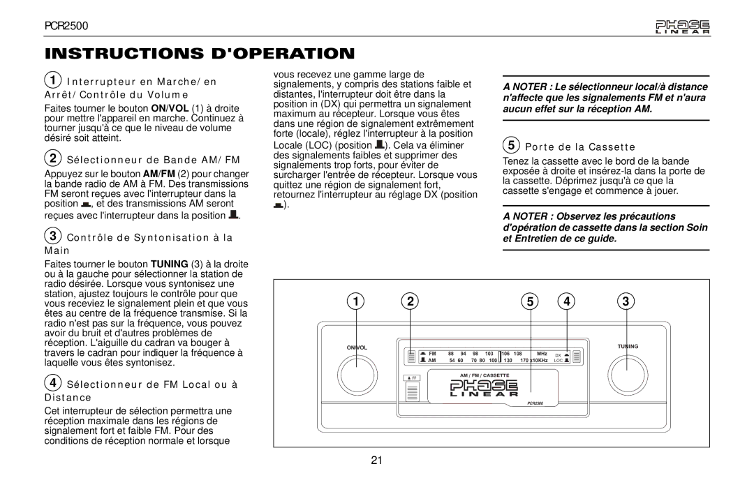 Audiovox PCR2500 owner manual Instructions Doperation, Sélectionneur de Bande AM/FM 