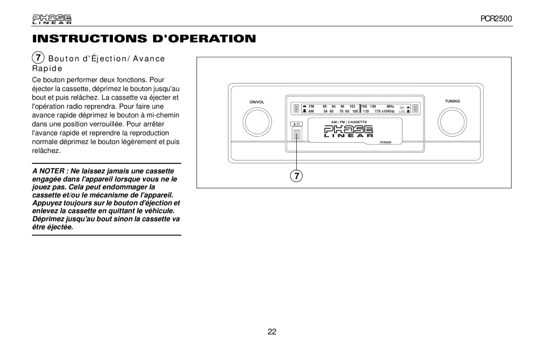 Audiovox PCR2500 owner manual Bouton dÉjection/Avance Rapide 