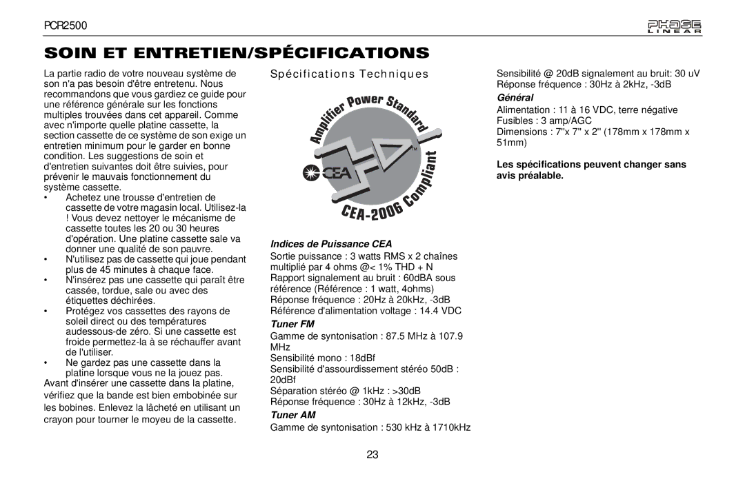 Audiovox PCR2500 owner manual Soin ET ENTRETIEN/SPÉCIFICATIONS, Spécifications Techniques 