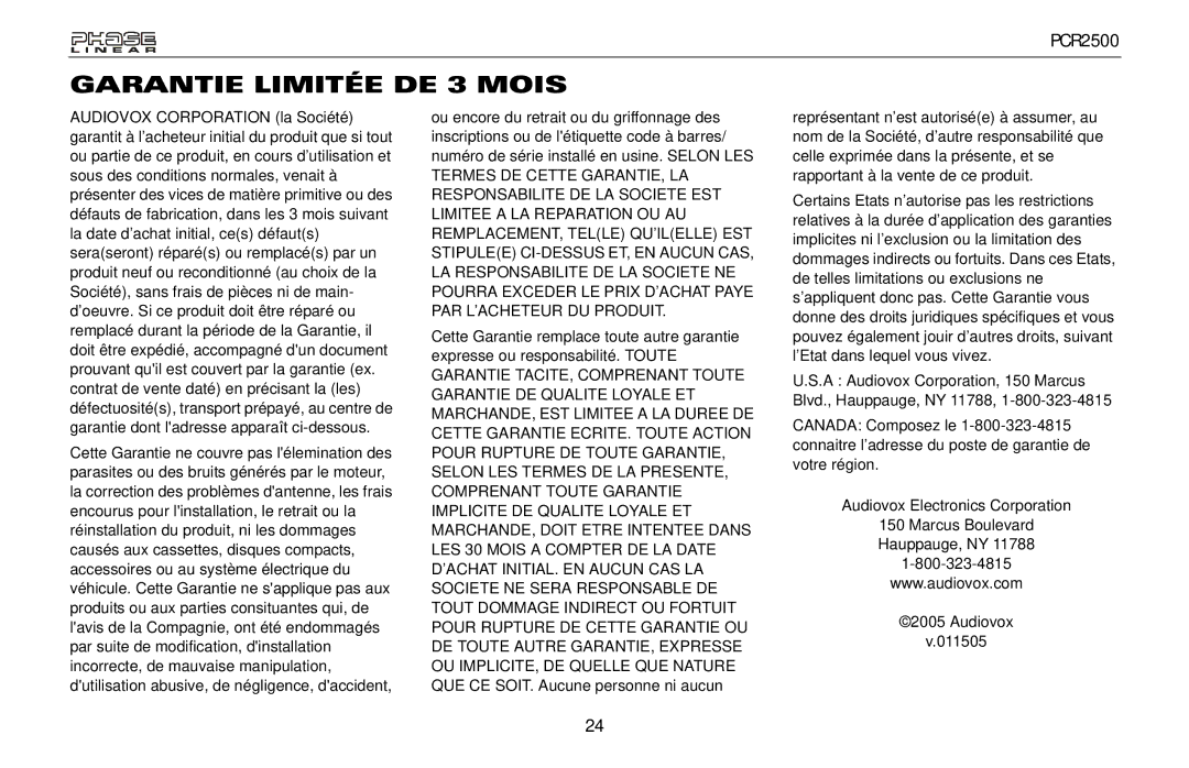 Audiovox PCR2500 owner manual Garantie Limitée DE 3 Mois 