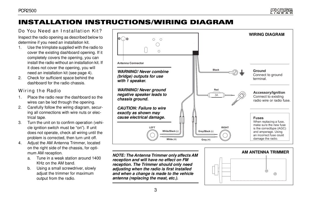 Audiovox PCR2500 owner manual Installation INSTRUCTIONS/WIRING Diagram, Do You Need an Installation Kit?, Wiring the Radio 