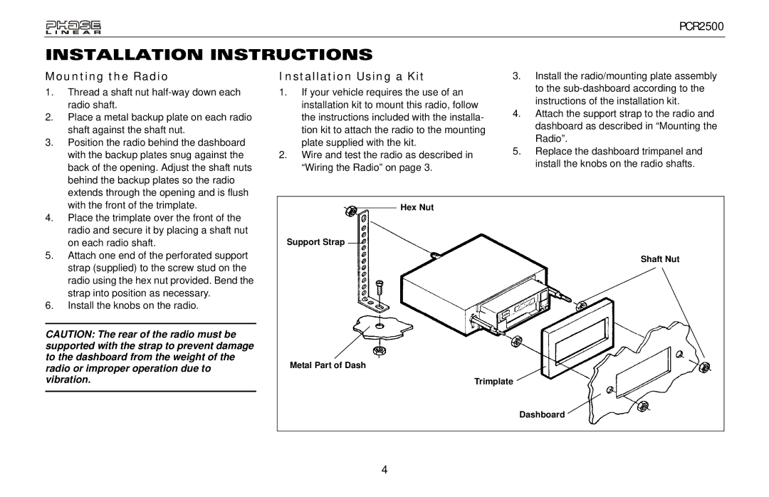 Audiovox PCR2500 owner manual Installation Instructions, Mounting the Radio, Installation Using a Kit 