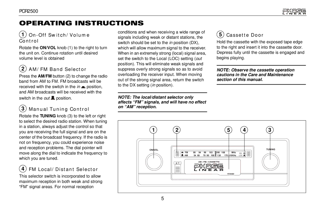 Audiovox PCR2500 owner manual Operating Instructions 