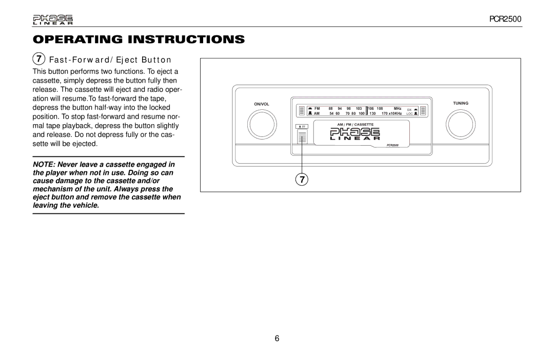 Audiovox PCR2500 owner manual Fast-Forward/Eject Button 