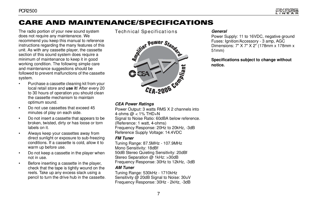 Audiovox PCR2500 owner manual Care and MAINTENANCE/SPECIFICATIONS, Technical Specifications 