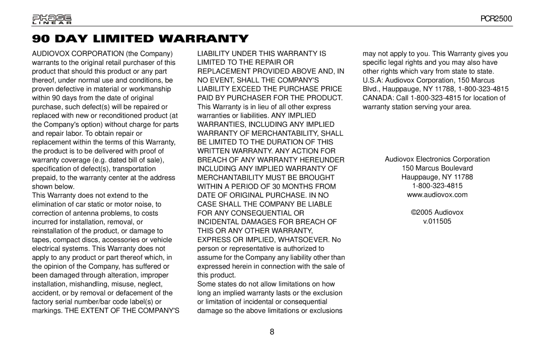 Audiovox PCR2500 owner manual DAY Limited Warranty 