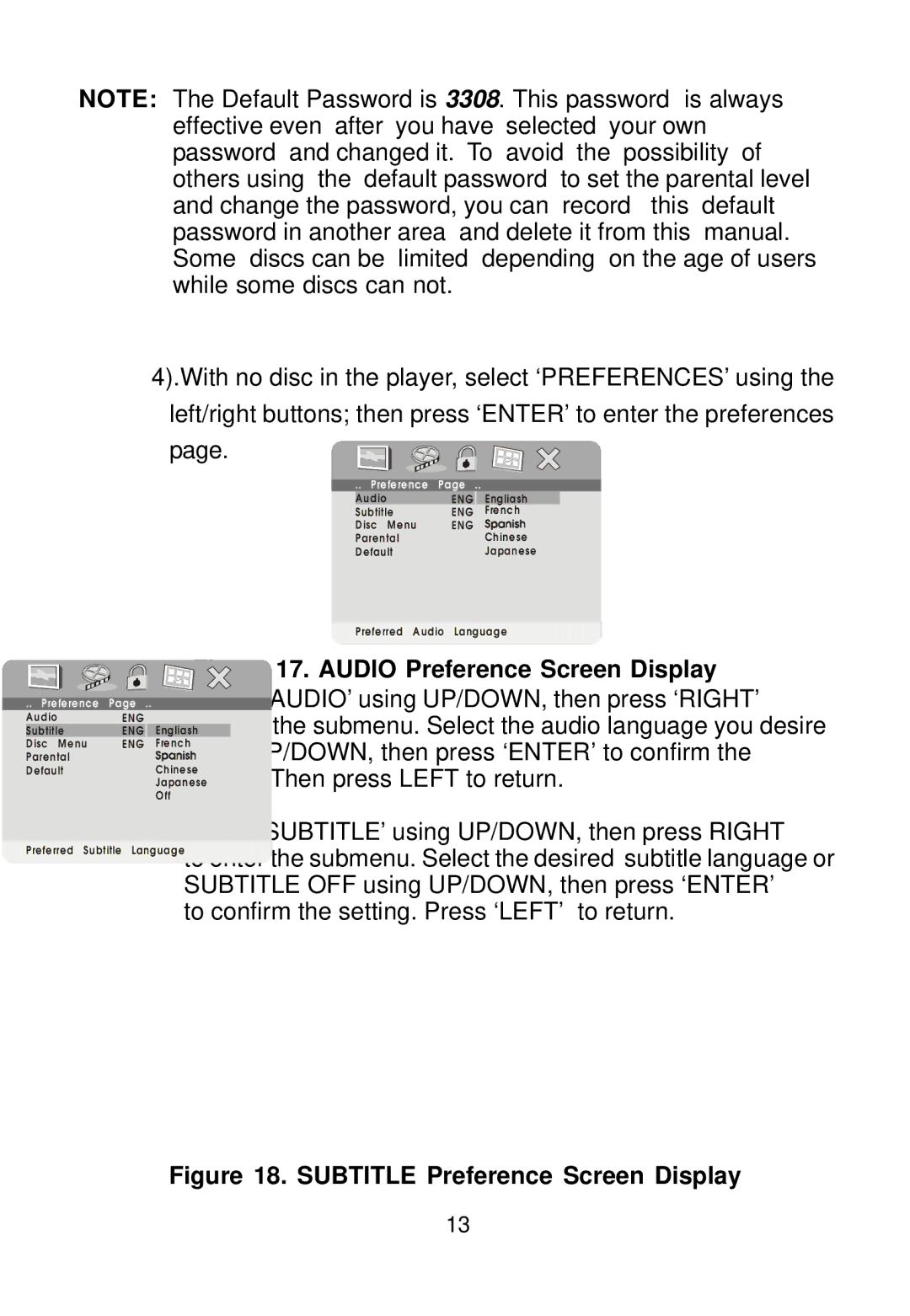 Audiovox PE702 owner manual Subtitle Preference Screen Display 