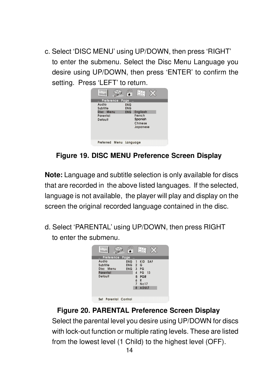 Audiovox PE702 owner manual Disc Menu Preference Screen Display 