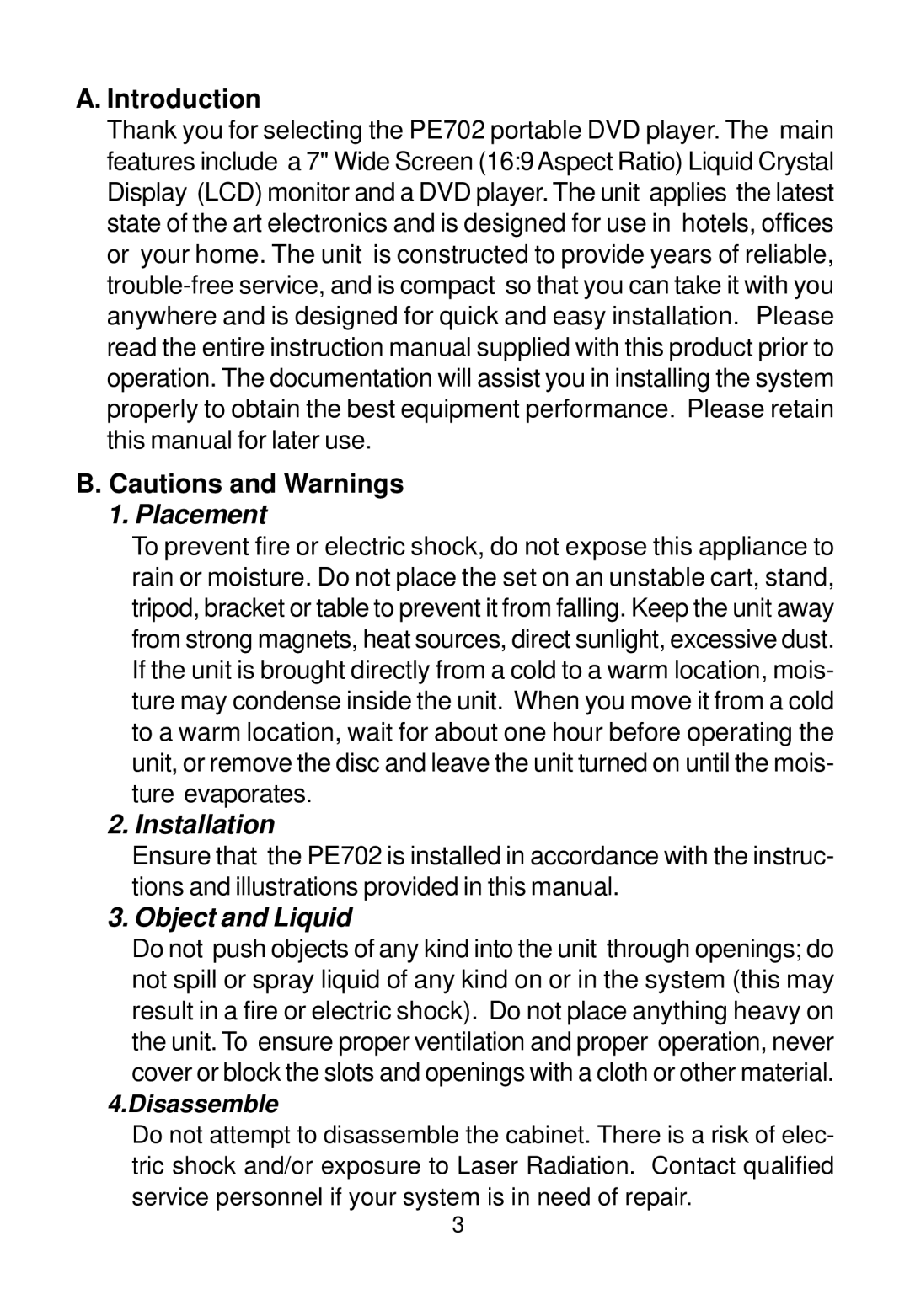 Audiovox PE702 owner manual Introduction, Placement 