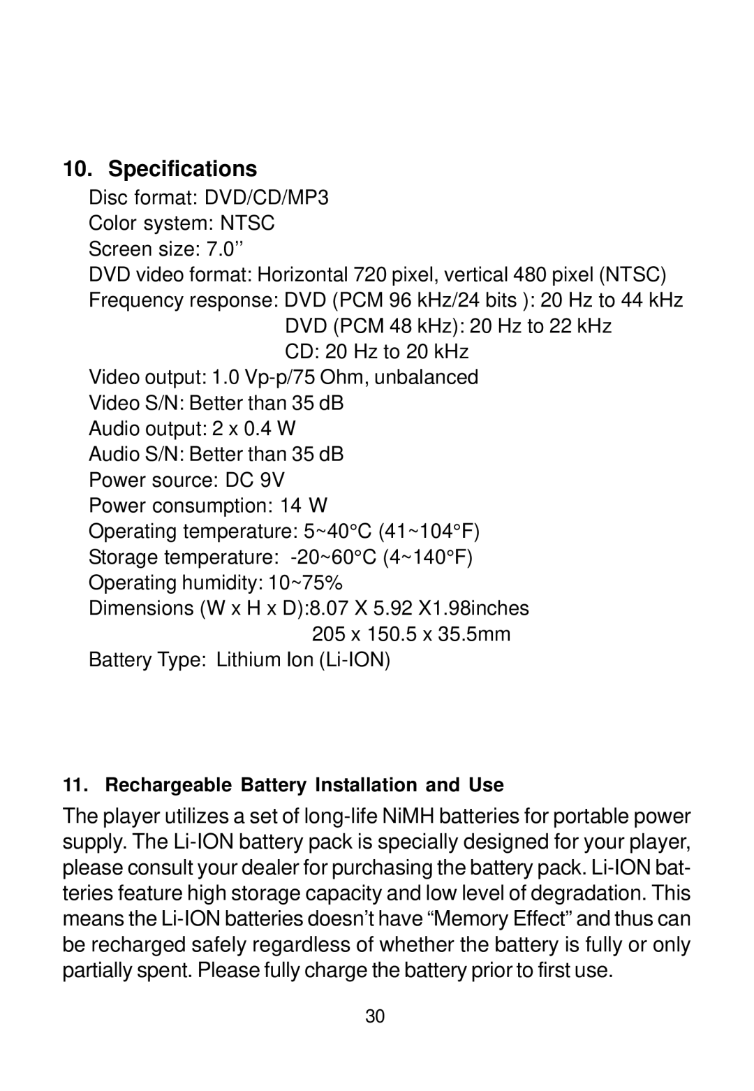 Audiovox PE702 owner manual Specifications 