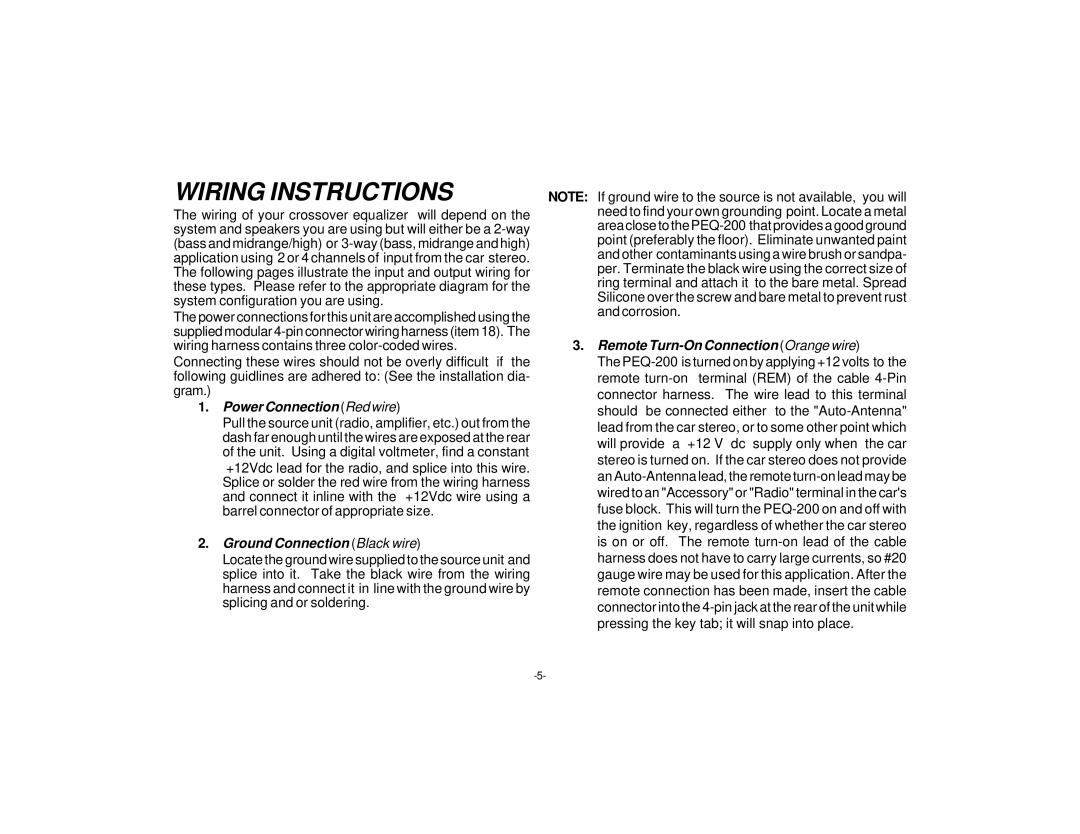 Audiovox PEQ-200 manual Wiring Instructions, Power Connection Red wire 