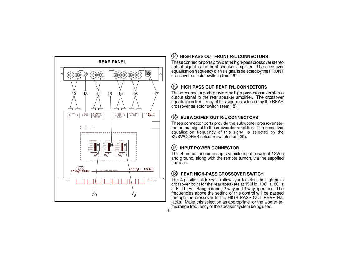 Audiovox PEQ-200 Bp High Pass OUT Front R/L Connectors, Bq High Pass OUT Rear R/L Connectors, Bs Input Power Connector 