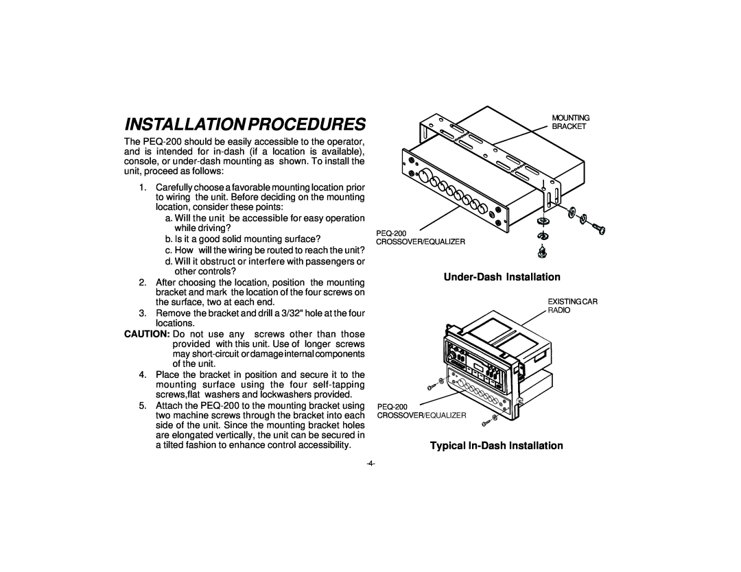 Audiovox PEQ-200 manual Installation Procedures, Under-DashInstallation, Typical In-DashInstallation 