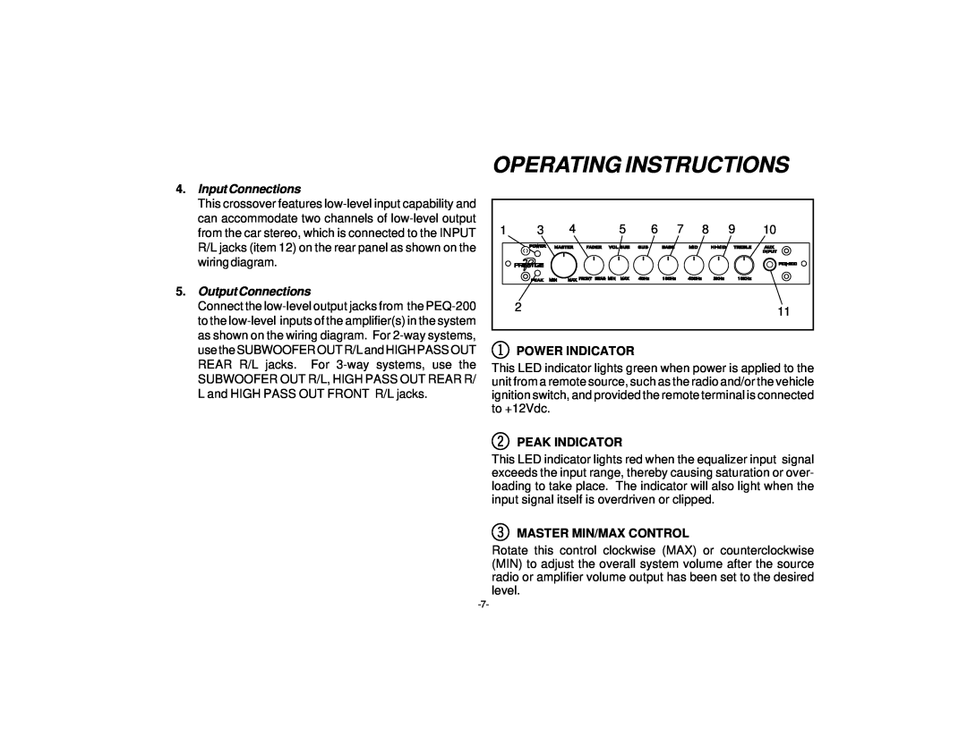 Audiovox PEQ-200 manual Operating Instructions, Input Connections, Output Connections 