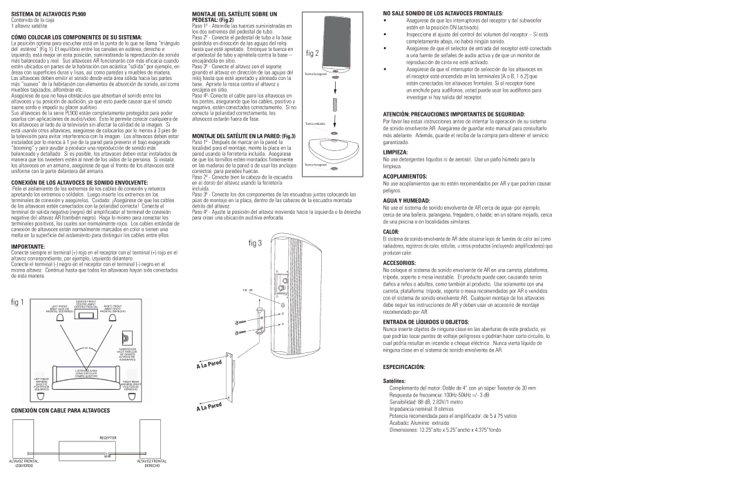 Audiovox PL900S Sistema DE Altavoces PL900, Cómo Colocar LOS Componentes DE SU Sistema, Importante, Limpieza, Calor 