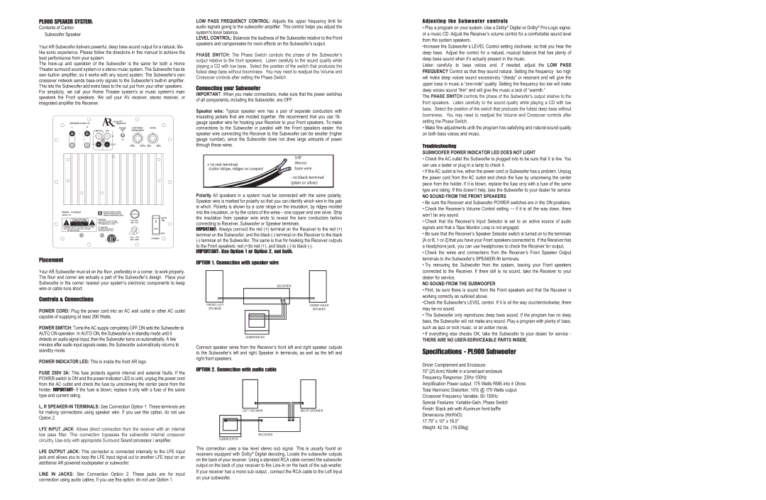 Audiovox PL900SUB warranty Placement, Controls & Connections, Connecting your Subwoofer 