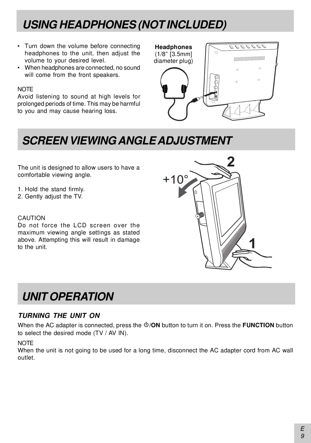 Audiovox PLV16081 Using Headphones not Included, Screen Viewing Angle Adjustment, Unit Operation, Turning the Unit on 