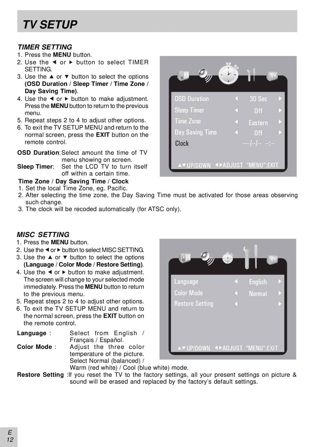 Audiovox PLV16081 instruction manual Timer Setting, Misc Setting, OSD Duration / Sleep Timer / Time Zone / Day Saving Time 