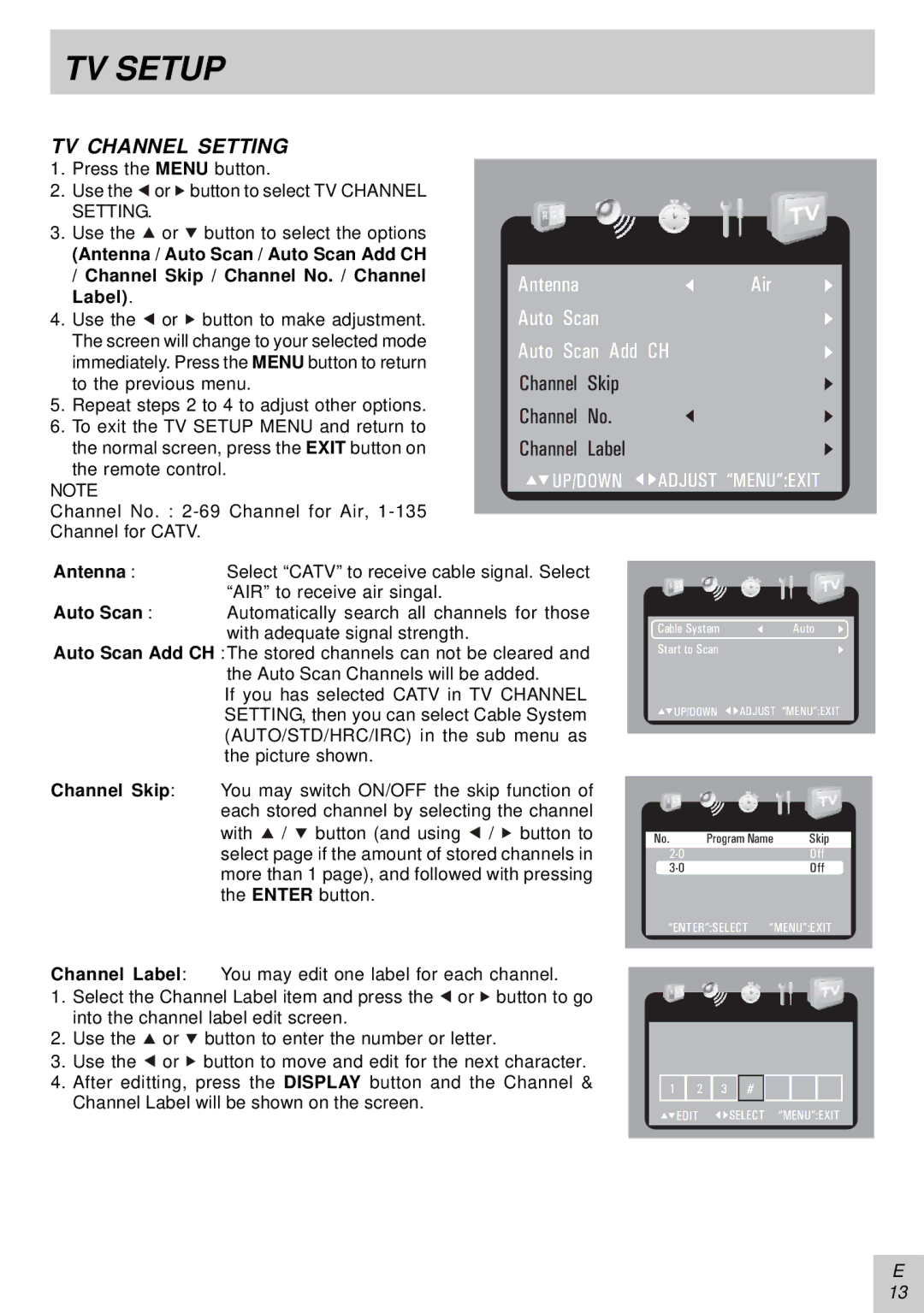 Audiovox PLV16081 instruction manual TV Channel Setting, AntennaAir Auto Scan Auto Scan Add CH 