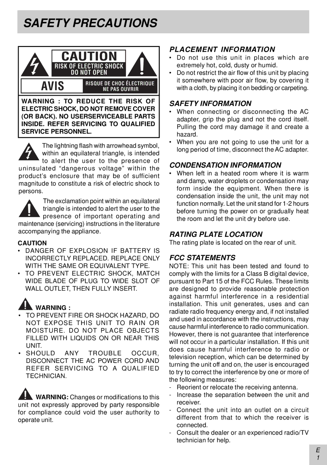 Audiovox PLV16081 instruction manual Safety Precautions 