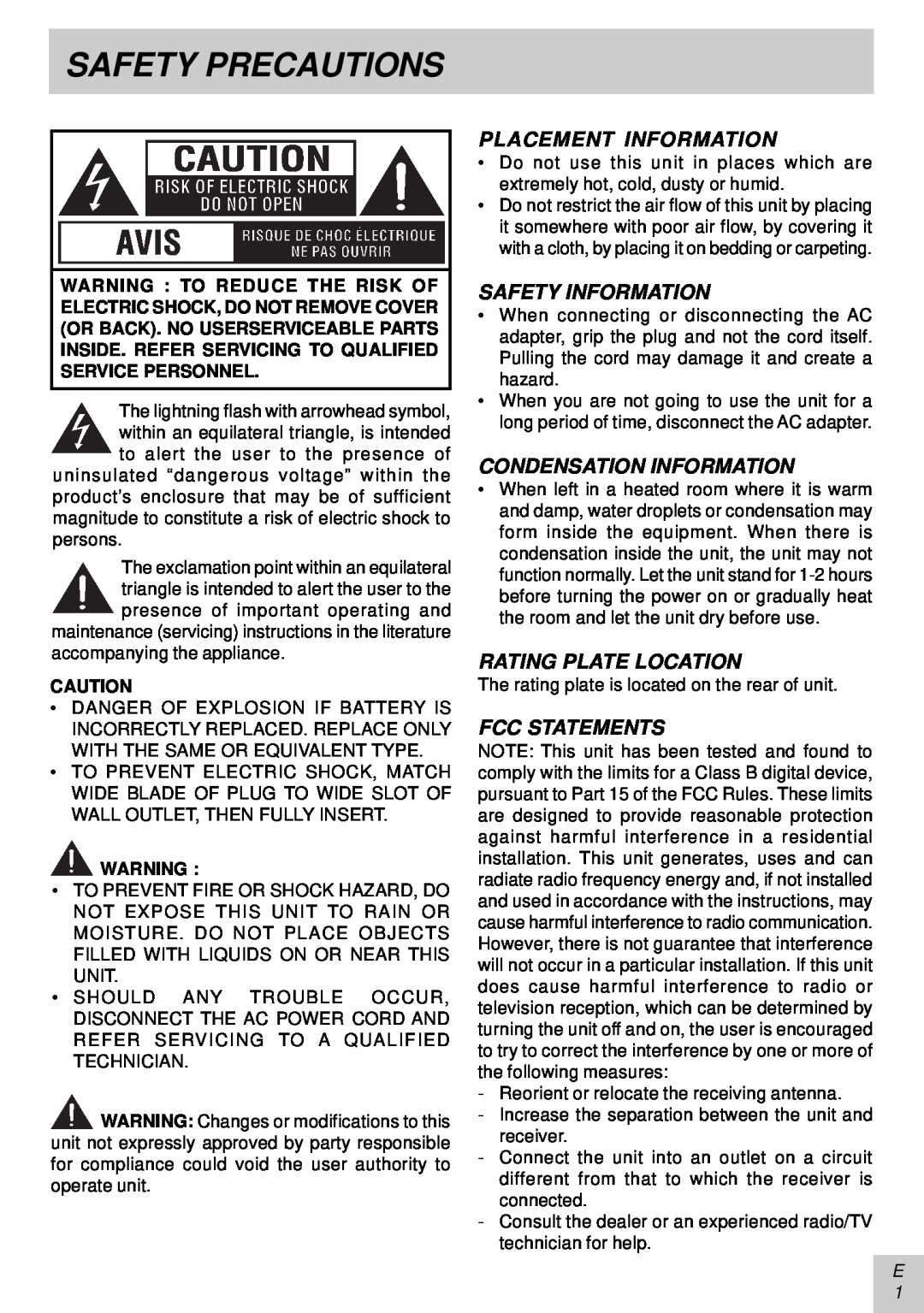 Audiovox PLV16081 instruction manual Safety Precautions, Avis 
