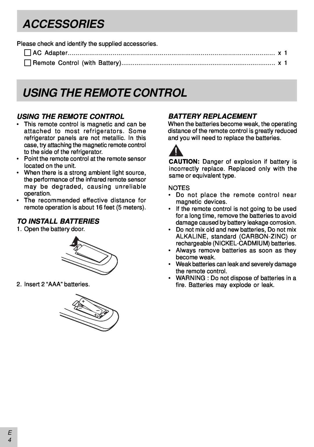 Audiovox PLV16081 instruction manual Accessories, Using The Remote Control 
