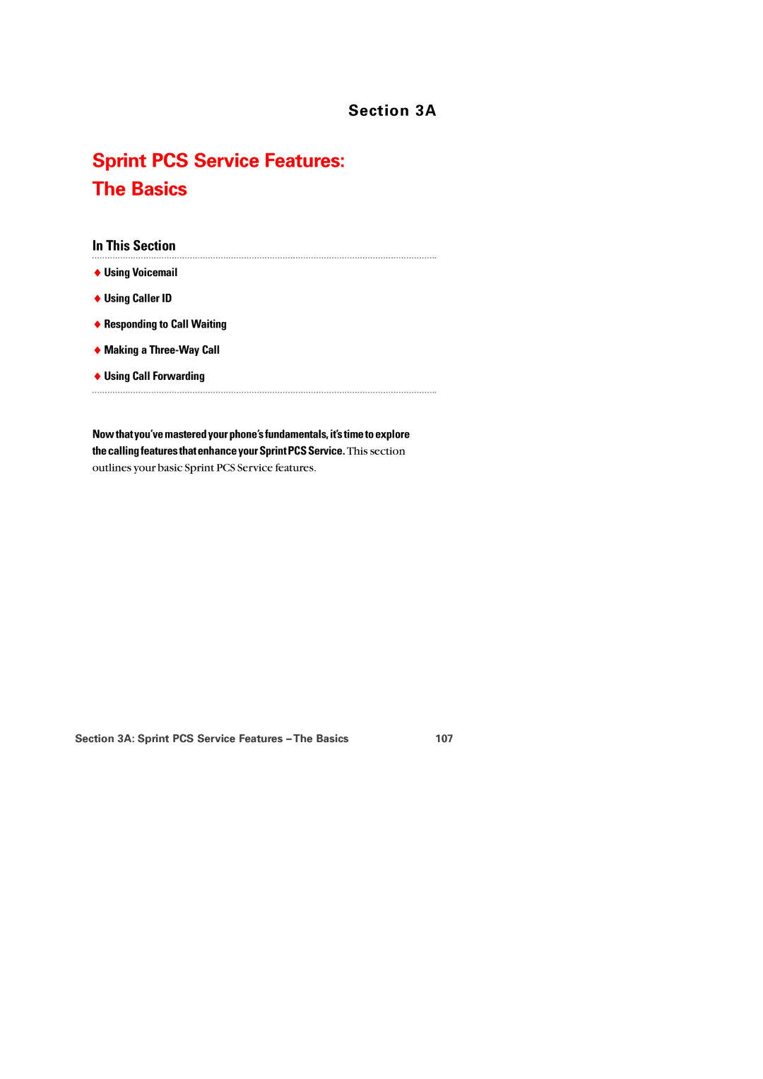 Audiovox PM-8920 manual Sprint PCS Service Features Basics, Sprint PCS Service Features The Basics 107 