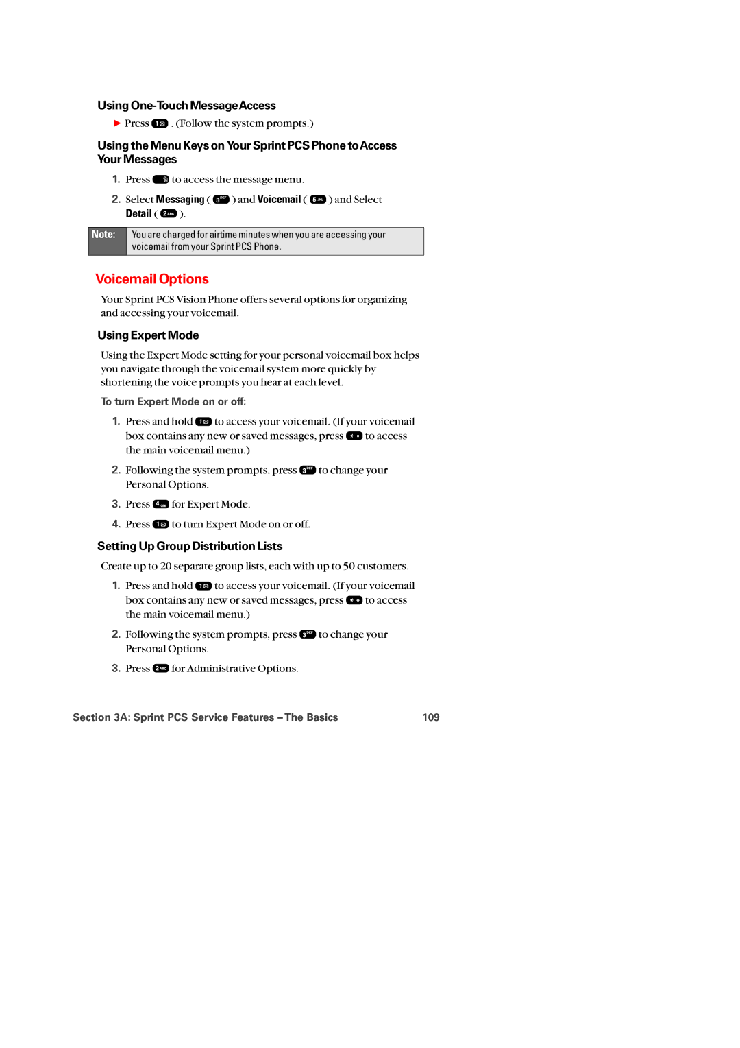 Audiovox PM-8920 Voicemail Options, Using One-Touch MessageAccess, Using Expert Mode, Setting Up Group Distribution Lists 