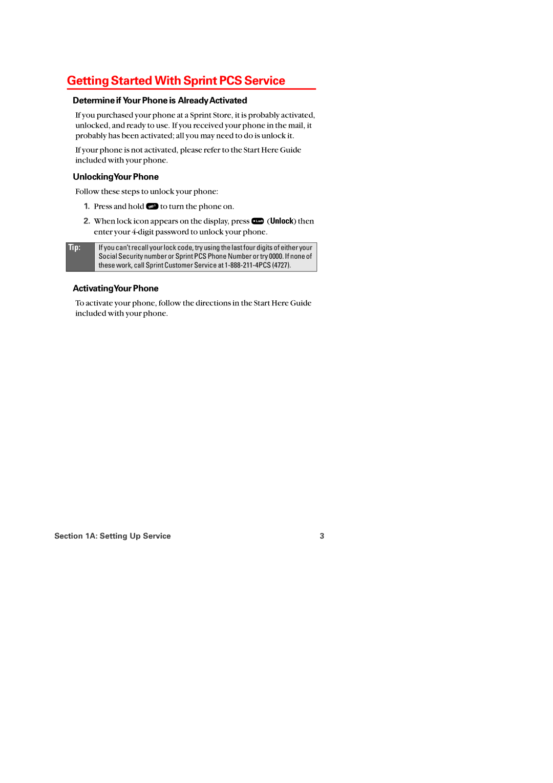 Audiovox PM-8920 Getting Started With Sprint PCS Service, Determine if Your Phone is AlreadyActivated, UnlockingYour Phone 