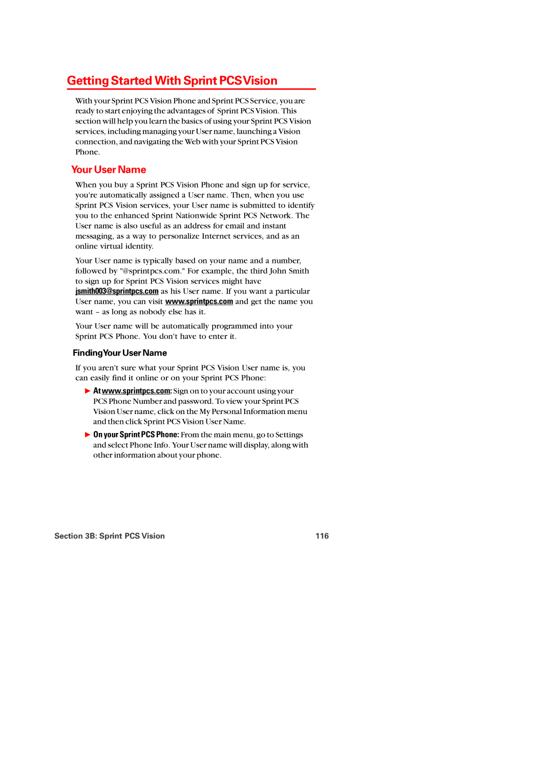 Audiovox PM-8920 manual Getting Started With Sprint PCSVision, FindingYour User Name, Sprint PCS Vision 116 