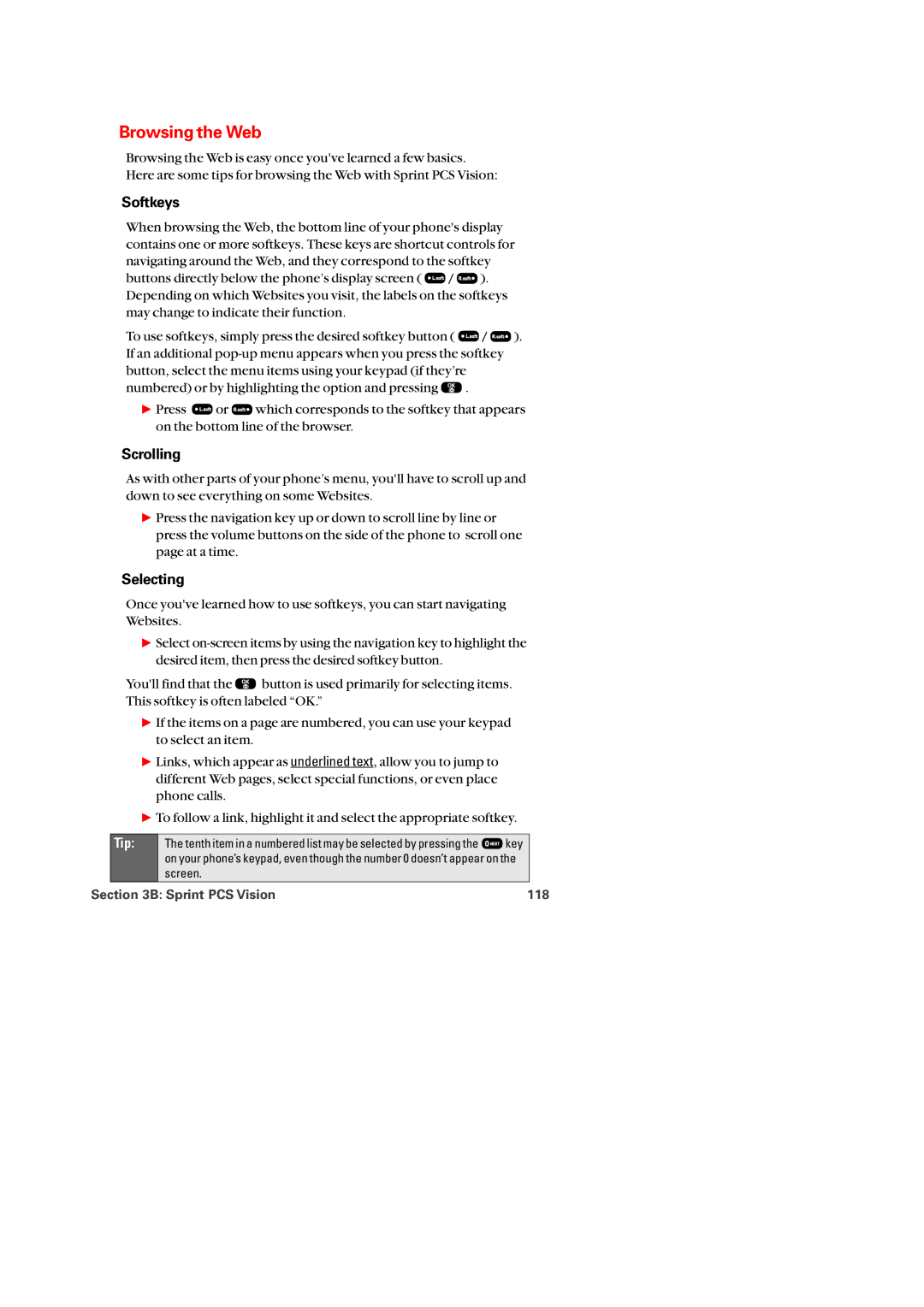 Audiovox PM-8920 manual Browsing the Web, Softkeys, Scrolling, Selecting, Sprint PCS Vision 118 