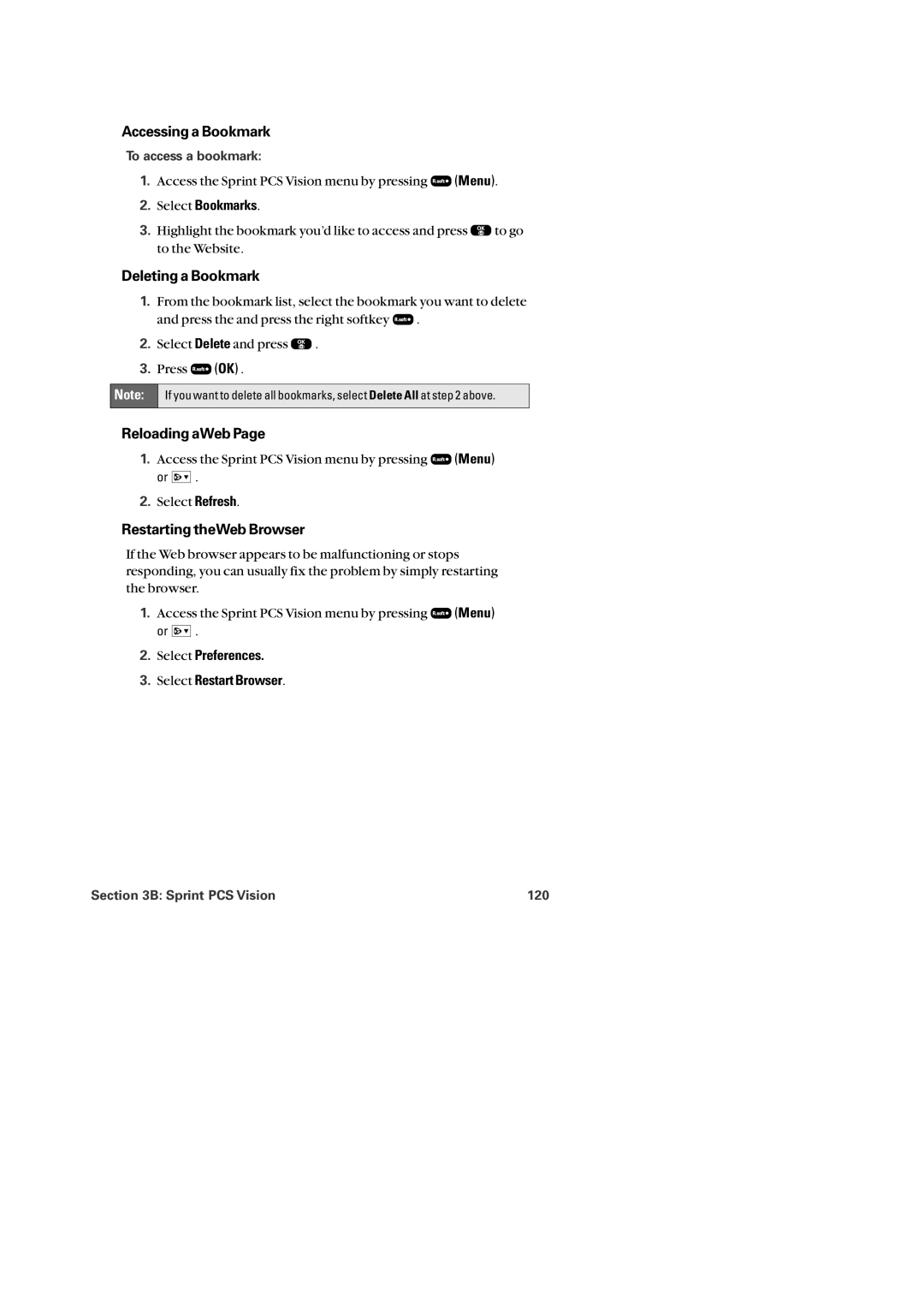 Audiovox PM-8920 manual Accessing a Bookmark, Deleting a Bookmark, Reloading aWeb, Restarting theWeb Browser 