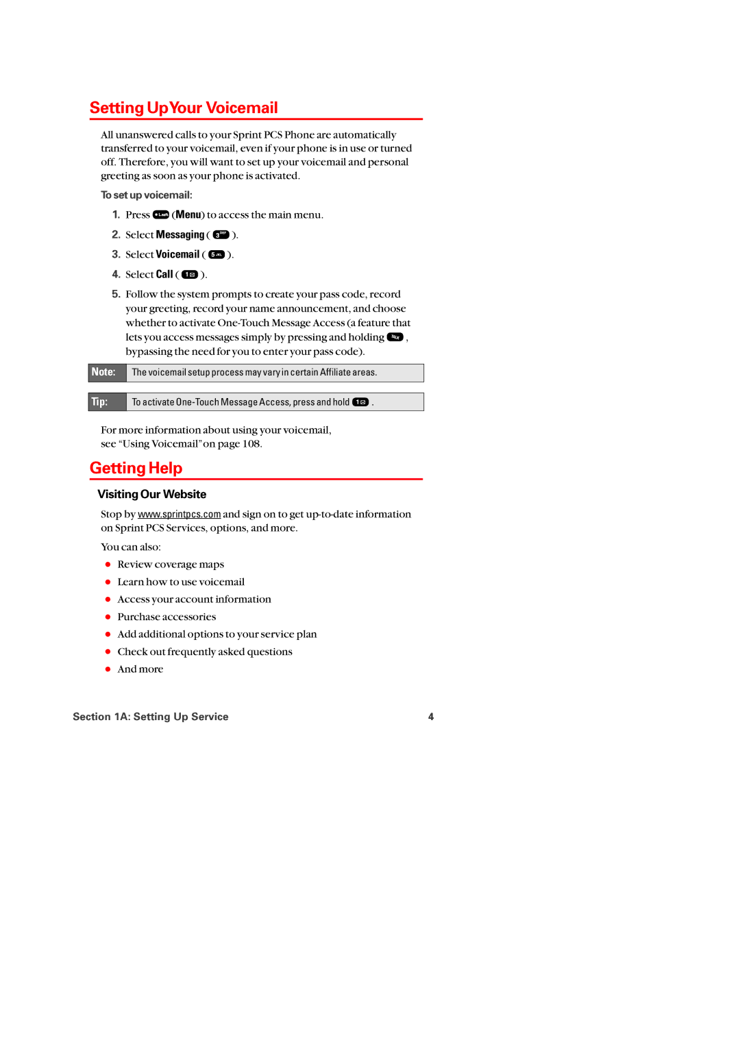 Audiovox PM-8920 manual Setting UpYour Voicemail, Getting Help, Visiting Our Website, To set up voicemail 