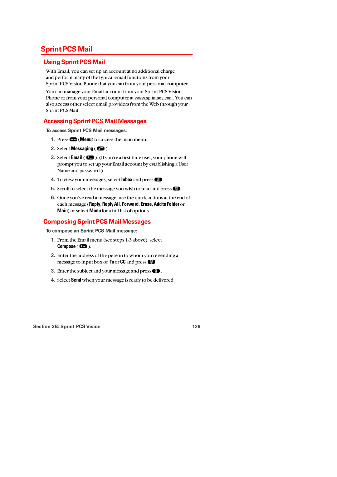 Audiovox PM-8920 manual Using Sprint PCS Mail, Accessing Sprint PCS Mail Messages, Composing Sprint PCS Mail Messages 