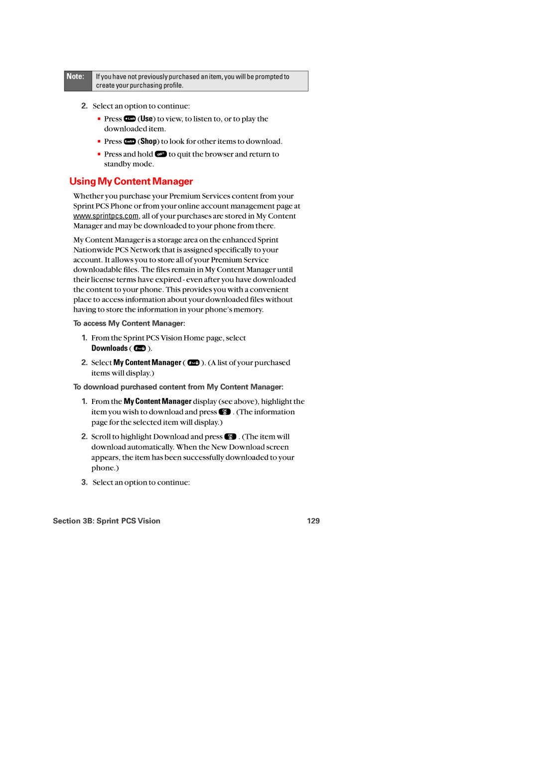 Audiovox PM-8920 manual Using My Content Manager, To access My Content Manager, Sprint PCS Vision 129 