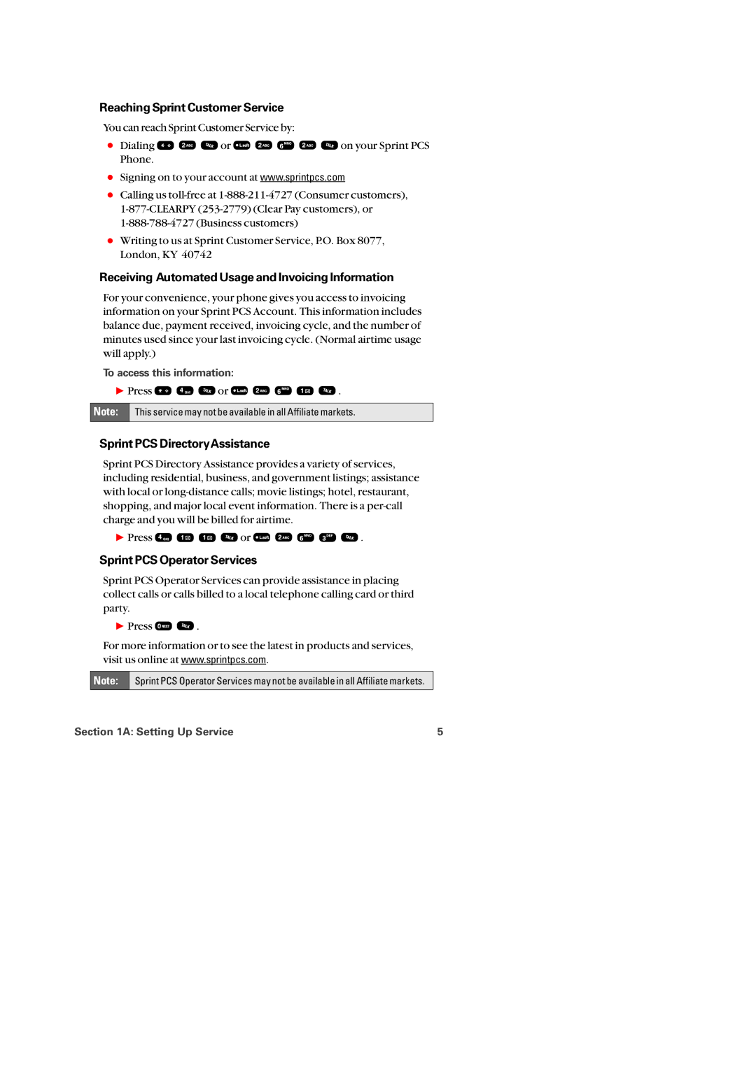 Audiovox PM-8920 manual Reaching Sprint Customer Service, Receiving Automated Usage and Invoicing Information 