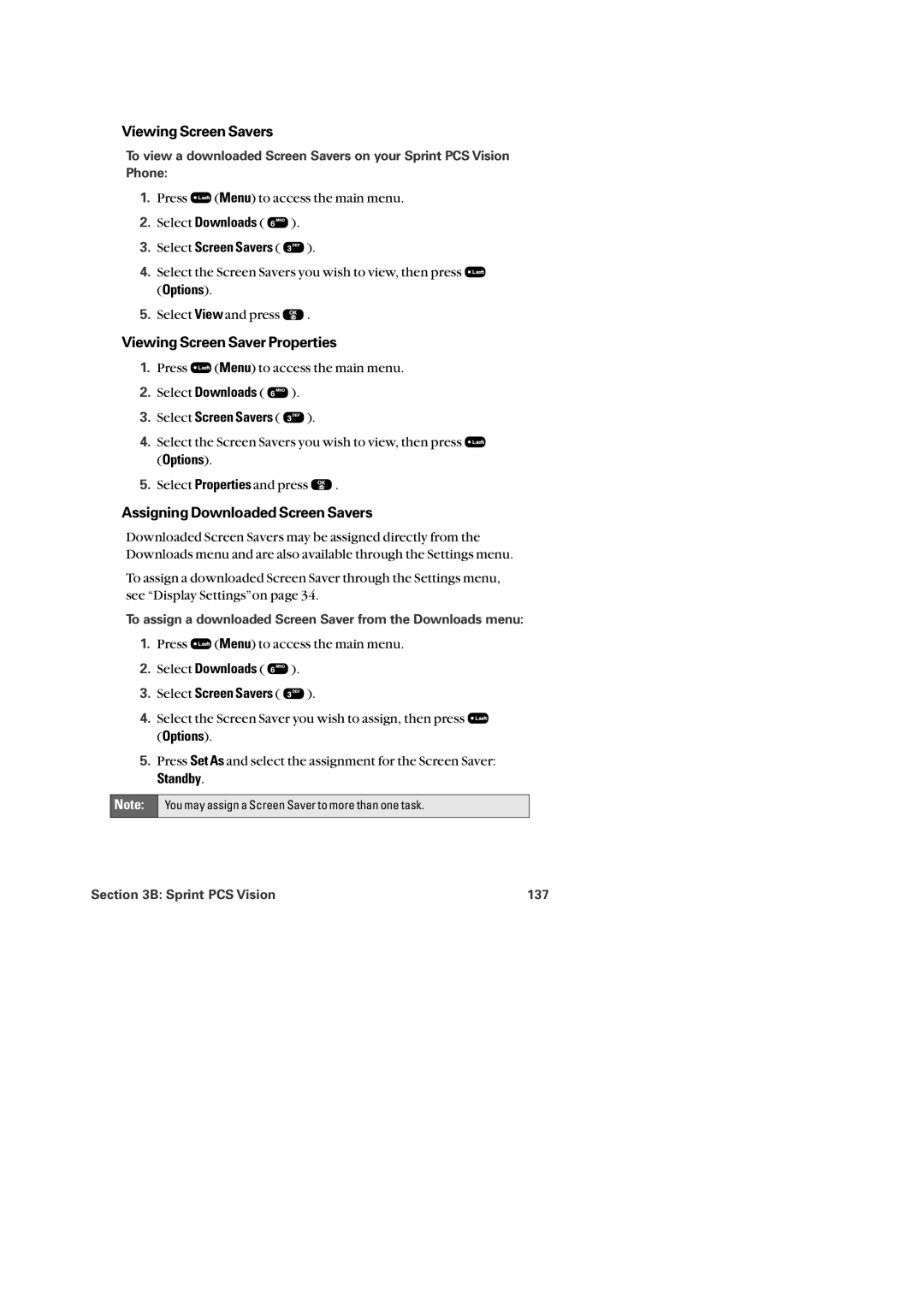 Audiovox PM-8920 manual Viewing Screen Savers, Viewing Screen Saver Properties, Assigning Downloaded Screen Savers, Standby 