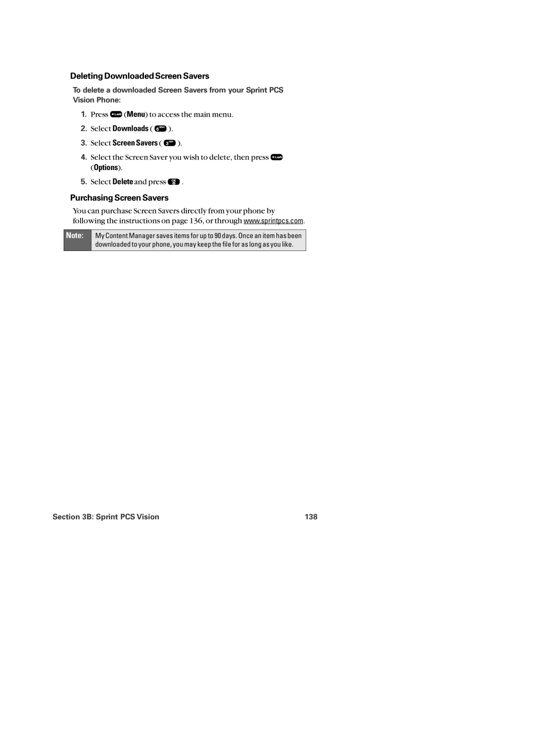Audiovox PM-8920 manual Deleting Downloaded Screen Savers, Purchasing Screen Savers, Sprint PCS Vision 138 