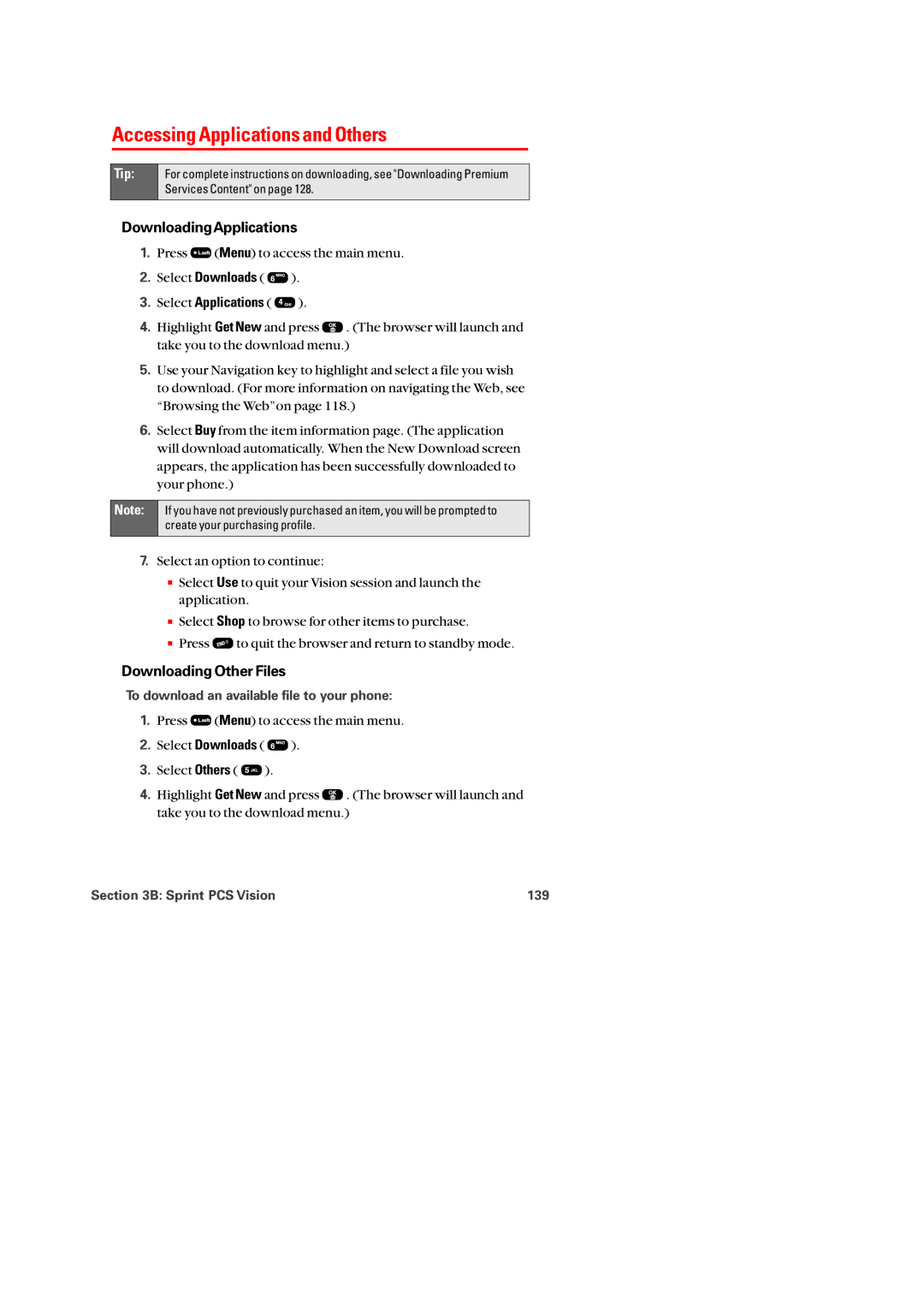 Audiovox PM-8920 Accessing Applications and Others, DownloadingApplications, Downloading Other Files, Select Applications 