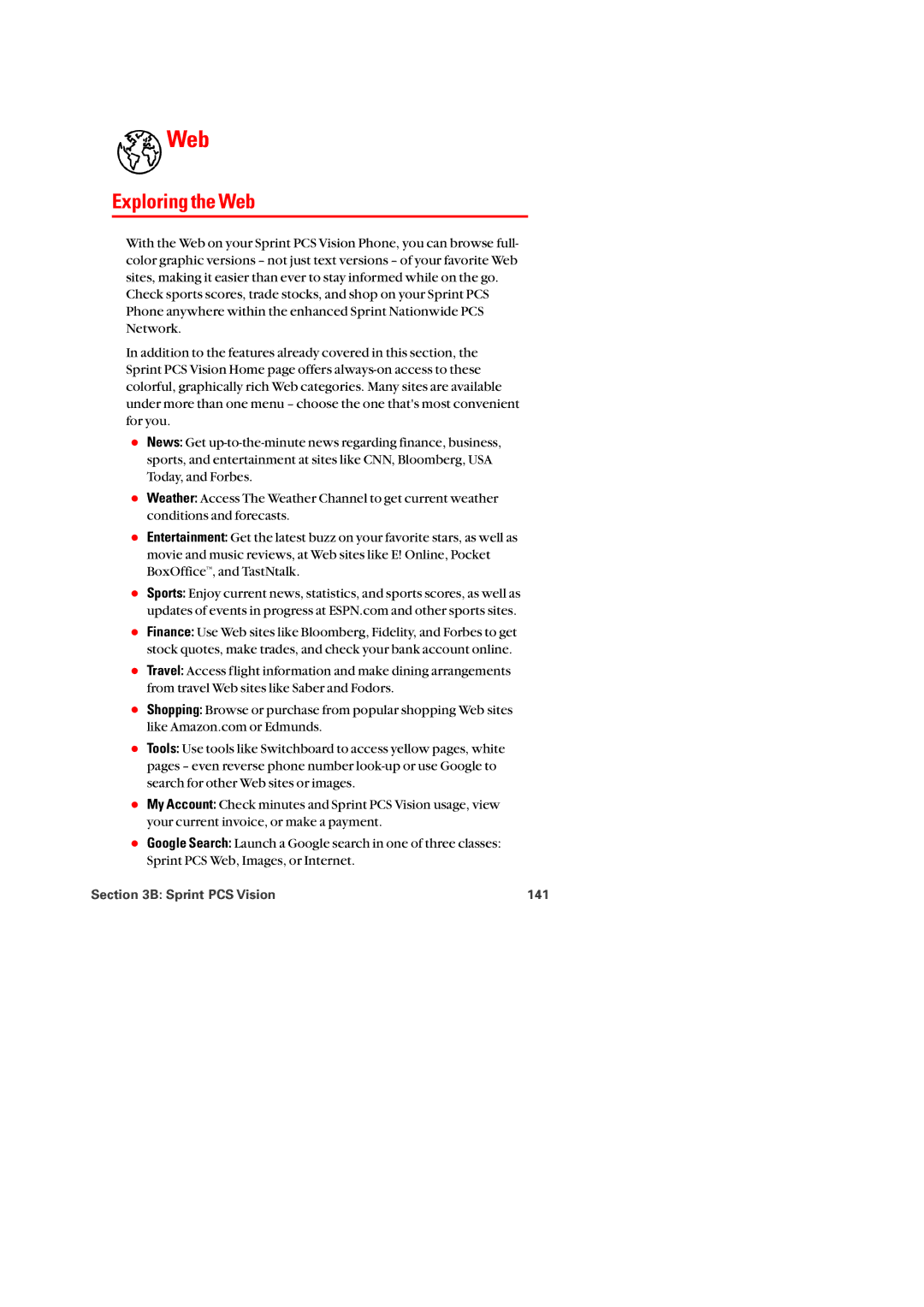 Audiovox PM-8920 manual Exploring the Web, Sprint PCS Vision 141 